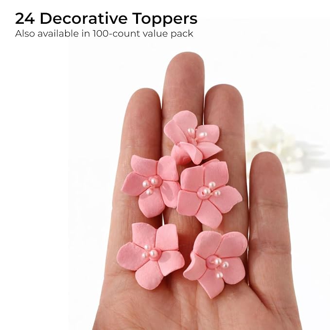 Global Sugar Art Blossom Sugar Cake Flowers with Pearl Stamens, Pink Unwired, 24 Count by Chef Alan Tetreault