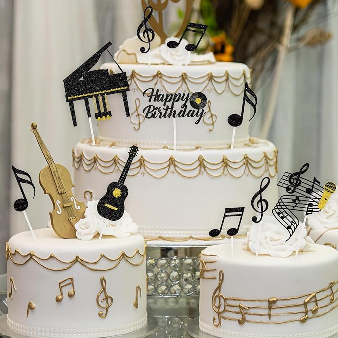 Hooqict 10Pcs Music Cake Decorations Set with Piano, Guitar, Music Notes, Happy Birthday Cake Toppers & Cupcake Toppers for Musician Birthday Party Decorations Supplies