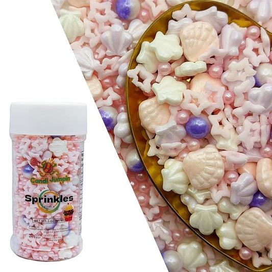 CandiJumpin Under The Sea Sprinkles, Edible Seashells for Cake Decorating Ocean Themed Cake Decorations Pink Seashells and Pearls Sugar Decorations Baby Shower Party Birthday Wedding Christmas Supplies 3 OZ