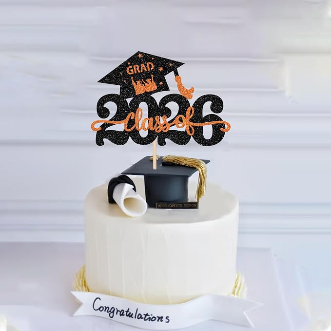 1 Pack Class of 2026 Cake Topper Glitter Congrats Grad Cap 2026 Graduation Cake Pick Decoration for 2026 Graduation Theme High School Graduate Party Cake Decorations Supplies Orange