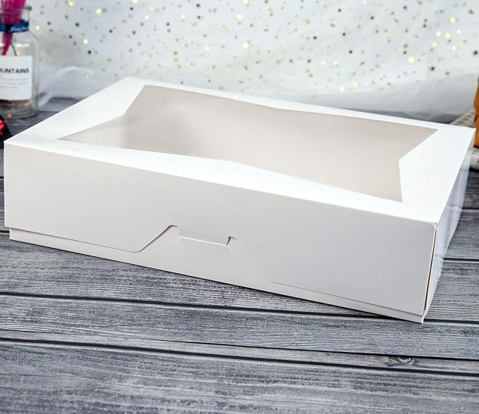 ONE MORE 14 x10 x 3inch White Lock Corner Window Bakery Cookie Boxes, Large Paperboard Container with PVC Windows for Pie, Pack of 12