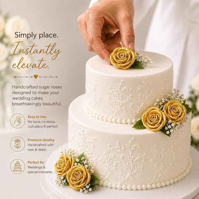 Confect Metallic Edible Rose Topper – Gold Roses for Cake, Cupcake & Doughnut Decoration – Pack of 12 Edible Floral Toppers- Vegan, Gluten-Free, Nut-Free, Soy-Free, Dairy-Free, Palm Oil-Free
