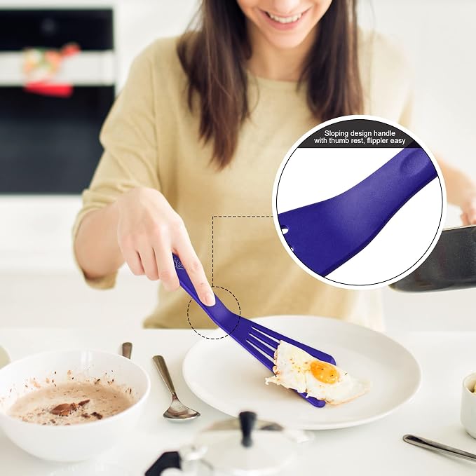 HOTEC 600℉ Heat Resistant Silicone Slotted Fish Turner Spatula Set, BPA Free Kitchen Cooking Spatulas, for Non Stick Cookware Dishwasher Safe Classic Blue, set of 2