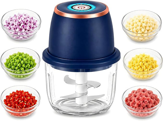 Electric Garlic Chopper, 350ml Mini Food Processor with 6 Stainless Steel Blades & Thickened Glass Bowl, USB Rechargeable Portable Food Grinder for Garlic, Onion, Nuts, Meat, Chili & Fruit(Blue)