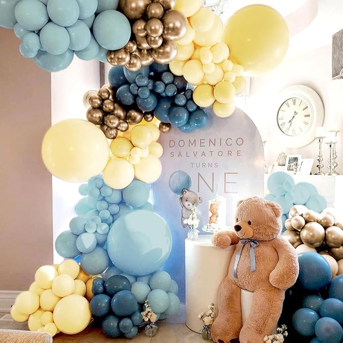 Dusty Blue Yellow Gold Balloon Garland Arch Kit, 160Pcs Boho Retro Blue Pastel Blue Macaroon Yellow Metallic Gold Balloons for Baby Shower Birthday Wedding Party Decoration