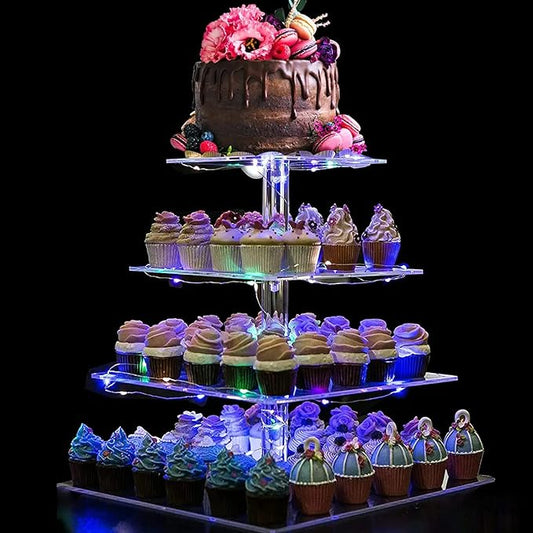 4 Tier Acrylic Cupcake Tower Stand, Clear Square Dessert Treat Display, Cake and Cupcake Stand Set, Candy Bar Party Décor, Bases Para Cupcakes for Birthday Wedding Party…