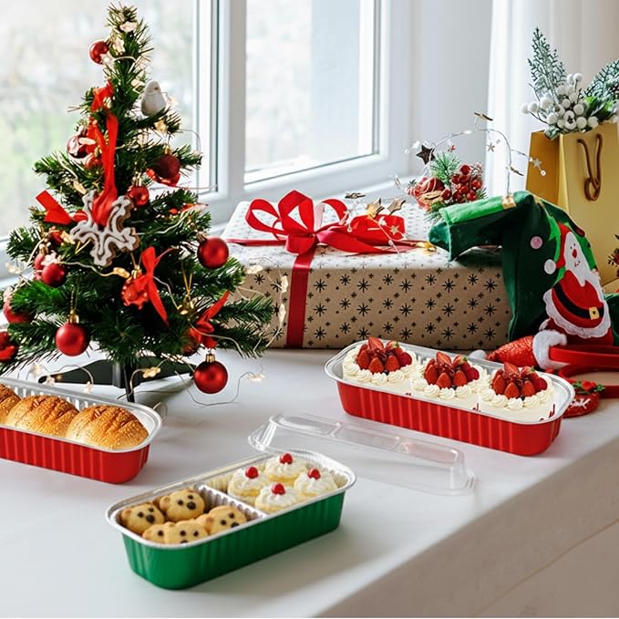 30 Pack 6.8oz Christmas Green Disposable Rectangular Aluminum Foil Mini Loaf Pans with Lids,Mini Cake Pans for Baking, Loaf Baking Pans, Small Individual Containerfor for Patrick’s Day Party Picnics