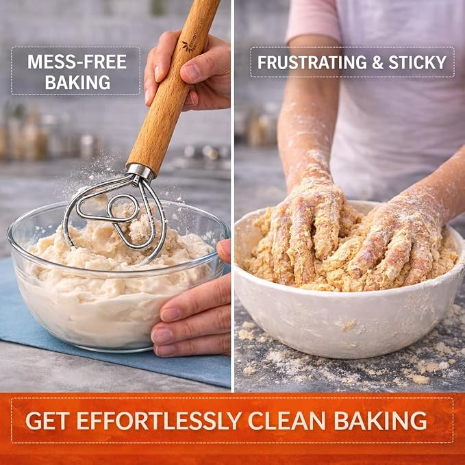 Danish Dough Whisk for Sourdough – Thick Stainless Steel Dutch Whisk with Ergonomic Oak Handle – Heavy-Duty Dough Mixer for Bread & Baking
