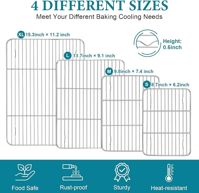 TeamFar Cooling Rack, Stainless Steel Baking Roasting Wire Rack for Cooking, Fits Baking Sheet Pans, Healthy & Firmly Welding, Oven & Dishwasher Safe - Set of 4 (15.3’’/ 11.6’’/ 9.8’’/ 8.7”)