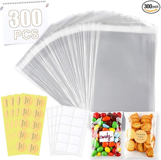 300 PCS 4×6 Inches Clear Resealable Cellophane Bags with 40 PCS Blank Self-adhesive Label Paper and 40 PCS Thank You Stickers for Bakery, Candle, Soap, Cookie Poly Bags