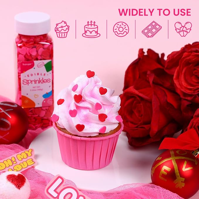 Red Pink Heart Confetti Sprinkles for Cake Decorating, 3.52oz Edible Valentine Sprinkles Bulk for Cupcake Toppers Baking Cookie Ice Cream Dount Chocolate
