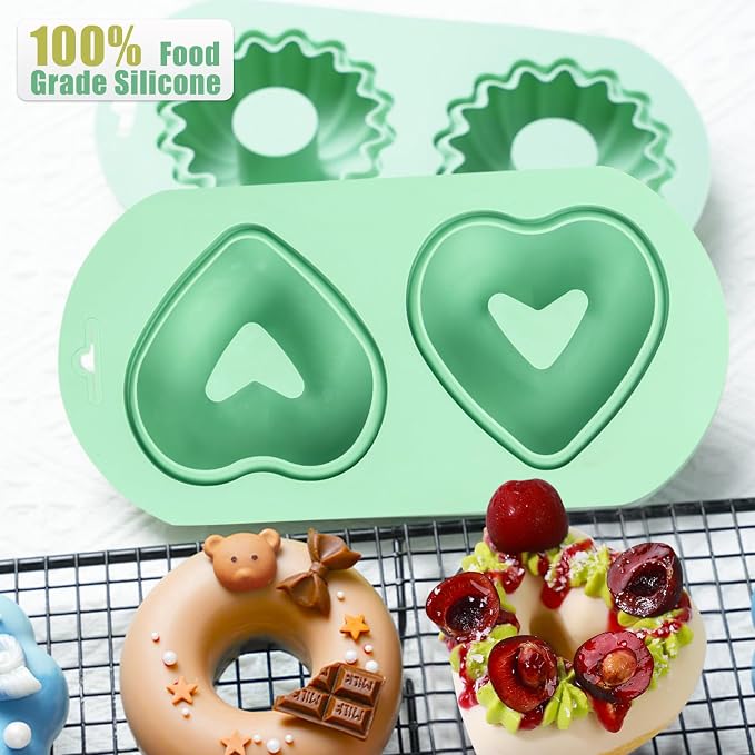 QELEG 2 Pack Silicone Donut Pan, 2-Cavity Fluted Tube Cake Pan Non-stick Silicone Baking Mold for Donuts, Cornbread, Brownies, Bagel, Jellies Green 2Pcs/2-Cavity,heart