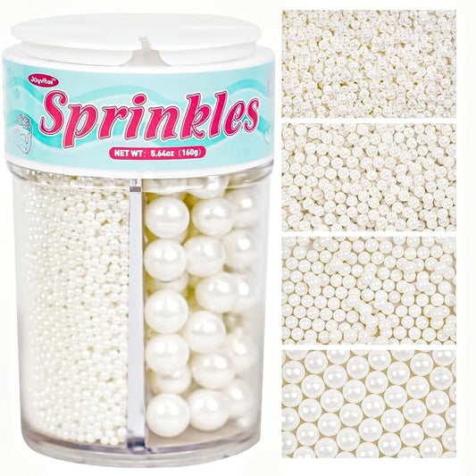 White Edible Pearl Sprinkles for Cake Decorating, 4 sizes Patriotic Sprinkles, 160g/5.64oz, Candy Pearls Sprinkles for Cupcake, Cookie, Baking Cake Decorations, Wedding Party Holiday Supplies