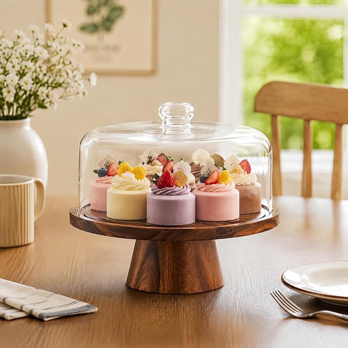 Acacia Wood Cake Stand with Lid - 12 Inch Magnetic Detachable Cake Stand with Dome, Shatterproof Acrylic Cover, Versatile Cake Holder & Charcuterie Board for Parties, Dessert Table Display