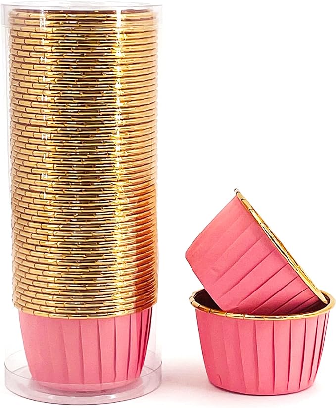 Party Hippo Cupcake Cups, 3.5 Oz 50 pcs Disposable Foil Muffin Liners, Gold Baking Cups, Ramekin Aluminum Cupcake Tip Pan Ramekin Holders, Little Baking Cups (50, Pink)