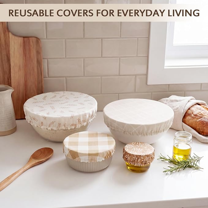 Mindsoft 4 Pcs Reusable Bowl Covers for Bread Proofing, 4/8/10/13 Inch Linen Cotton Blend Bowl Lids with Elastic, Durable Food Covers for Sourdough Bread Dough Proofing Food Storage Fruits Leftover
