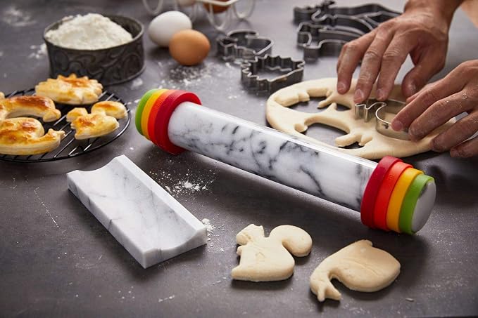 JEmarble Adjustable Rolling Pin with Silicone Guide Rings (Premium Quality)