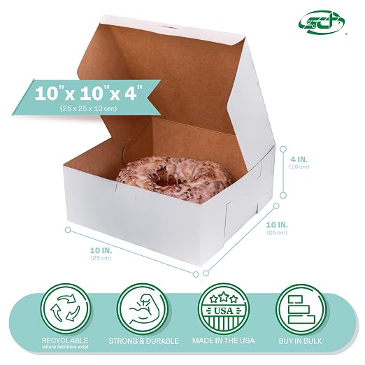 Southern Champion Tray 0973 Premium Clay-Coated Kraft Paperboard White Non-Window Lock Corner Bakery Box, 10" Length x 10" Width x 4" Height, White (Case of 100)