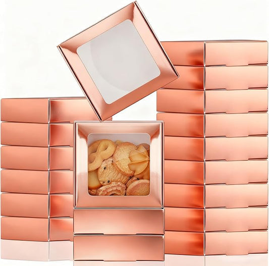 Zonon 30 Pcs Kraft Paper Boxes with Window 4.13 x 4.13 x 1.18 Inch Candy Packaging, Small Gift Boxes, Soap holder, Mini Treat Packaging for Bakery Chocolate Jewelry Display (Rose Gold)