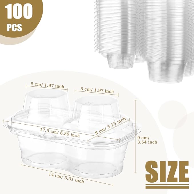 Eaasty 100 Pcs 2 Compartment Plastic Cupcake Containers Disposable Deep Cupcake Carrier Holder Box with Lids Stackable Clear Dessert Container for Muffin Pies Weddings Birthday Party