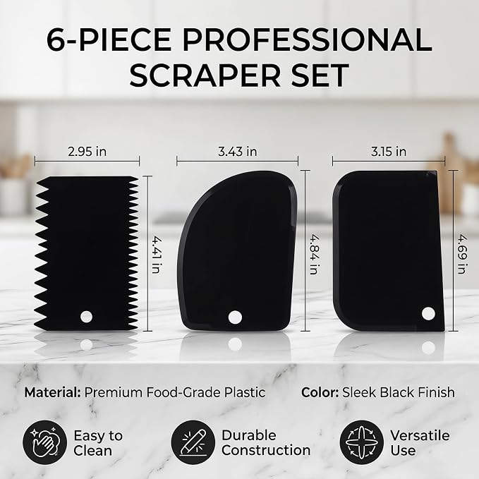 Cake Decorating Scraper Set, 6 Piece Plastic Icing Smoother Tools, Serrated and Flat Edge Dough Scrapers for Baking, Pastry, Bread, Pizza, 2.95-4.81 Inch (black)