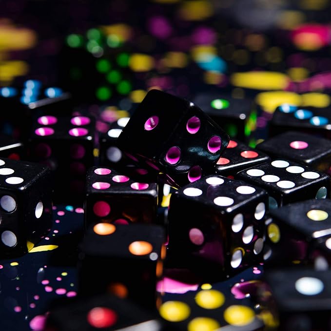 Brybelly Blackout Dice, 50-Pack — 16mm Six-Sided Black Game Dice with Neon Pips — 10 Color-Coded Sets of 5 for Liar's Dice, Farkle, Yacht & Classic Tabletop Games