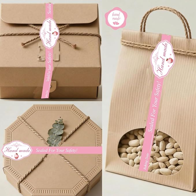 100 Pcs Handmade Food Retail Package Seal Labels 9x1'' Safe Secure Tamper Evident Labels 100Pcs Handmade Food Baking Label with 1.75 '' 100Pcs Hand Made Stickers for Cake Dessert Box Packaging