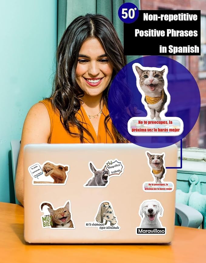 Funny Spanish Cat & Dog Meme Stickers, Waterproof Vinyl Animal Decals for Water Bottles & Laptops, Hilarious Spanish Teacher Supplies & Student Gifts