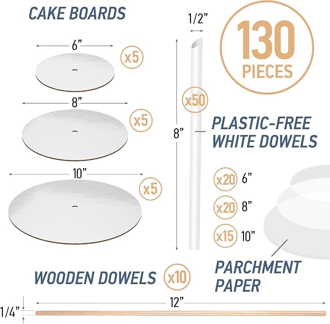 BluShore Cake Boards Tiering Kit - Cake Board 10 Inch, 8 Inch, and 6 Inch (5 Pieces Each) With Parchment Paper Rounds, Wooden Dowels, and Straw Dowels - Cardboard Cake Rounds Stacking Kit [130 Pieces]