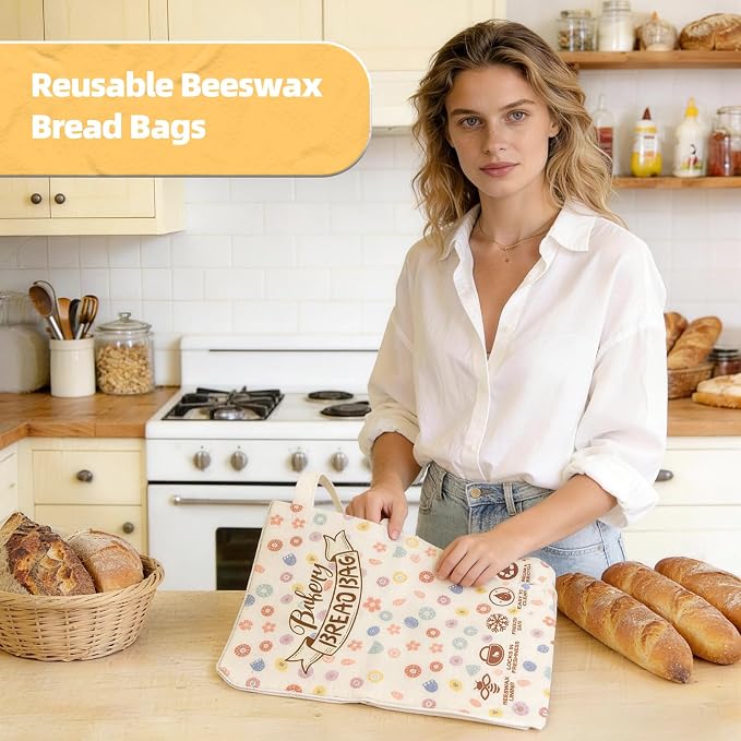 2 Pack Beeswax Bread Bags for Sourdough Homemade Bread, Organic Linen Reusable Natural Bread Storage Bag, Keep Fresh Moisture, Freezer-Friendly, Large Capacity Food Storage Cloth Bag