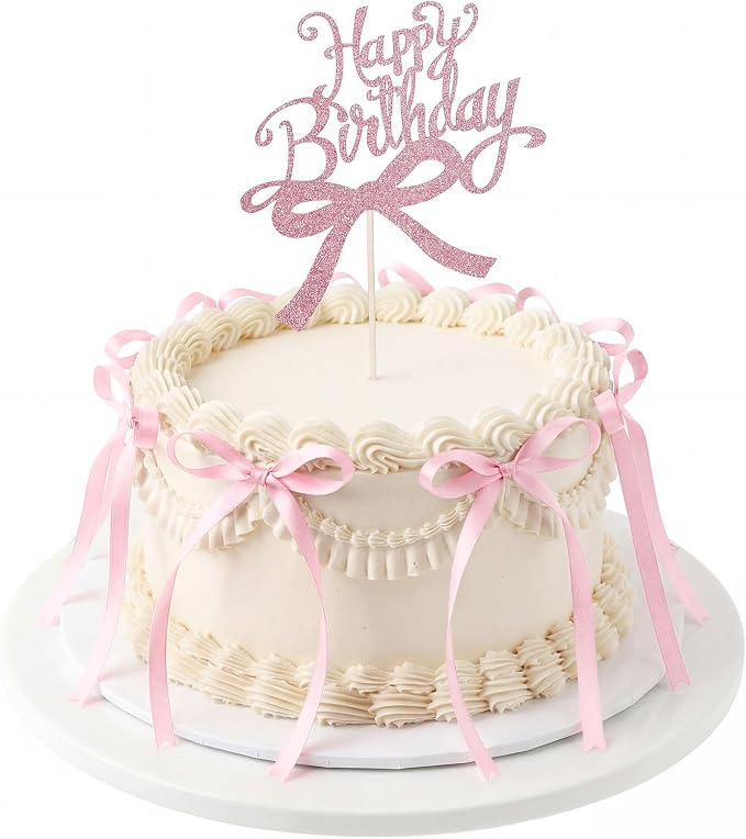 Bow Cake Toppers 18 PCS Pink Ribbon Bows for Cake with 1 PCS Happy Birthday Cakes Topper Coquette Themed Bow Birthday Decorations for Wedding, Bridal Shower, Baby Shower, Bachelorette