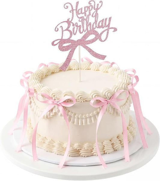 Bow Cake Toppers 18 PCS Pink Ribbon Bows for Cake with 1 PCS Happy Birthday Cakes Topper Coquette Themed Bow Birthday Decorations for Wedding, Bridal Shower, Baby Shower, Bachelorette