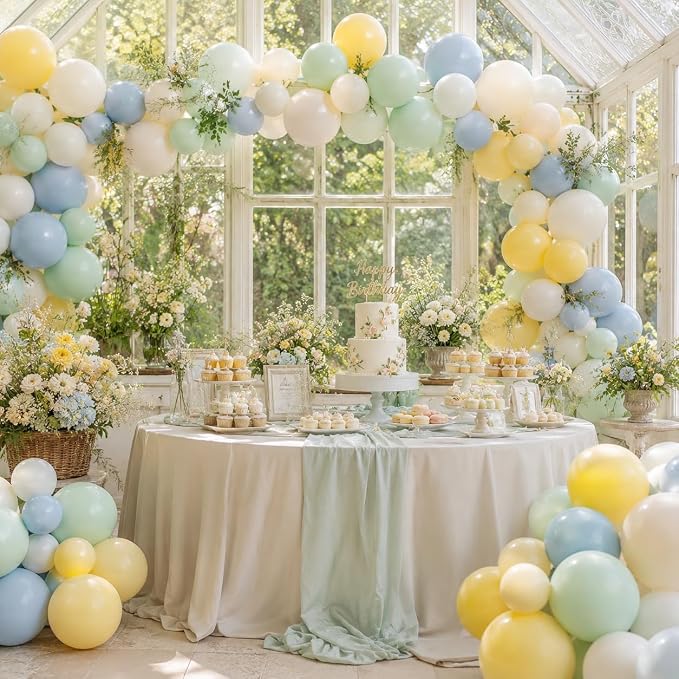 Pastel Green Blue Yellow Balloon Arch Kit, Green Blue Yellow Balloons garland Arch Kit, Ivory White Balloons For Bear Theme Birthday Baby Shower Honey Party Wedding Anniversary Engagement Decorations