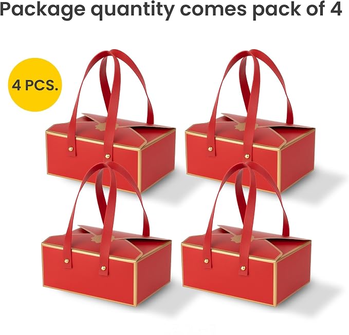 Hammont Gift Boxes - 4 Pack of Gift Boxes with Faux Leather Handles - Cookie Boxes - Versatile Gift Boxes for Presents - Elegant Box for Cakes Candy | Jewelry | Chocolates (6"x6"x3" (Red))