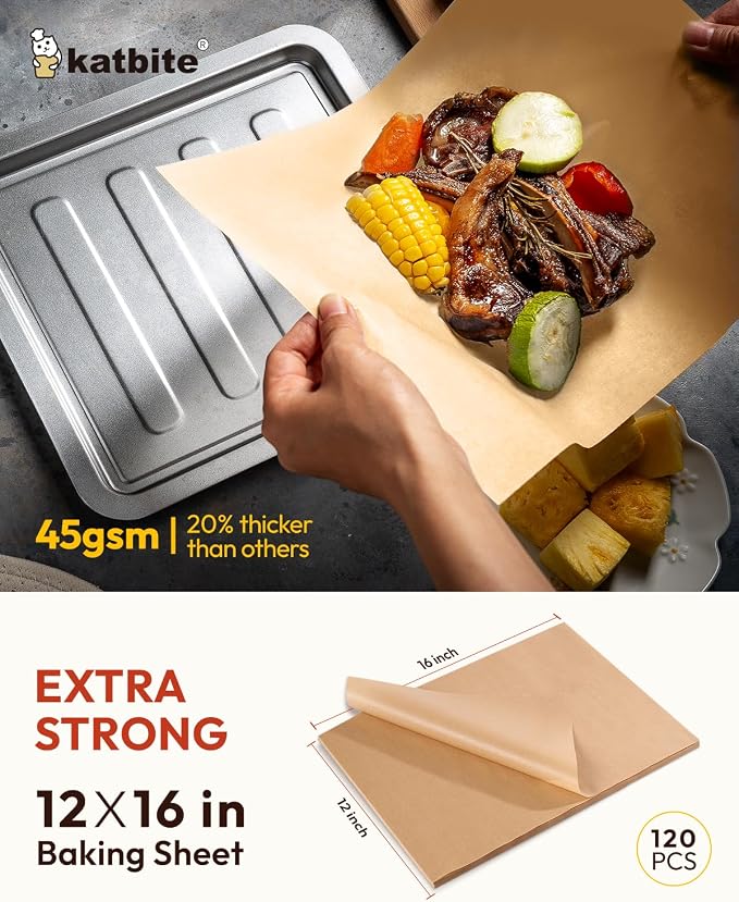 Katbite Unbleached Parchment Paper Baking Sheets, 120Pcs 12x16 Inch Precut Parchment Paper for Baking, Heavy Duty & Non-stick, Half Sheet Paper for Baking, Cooking, Steaming, Oven Paper
