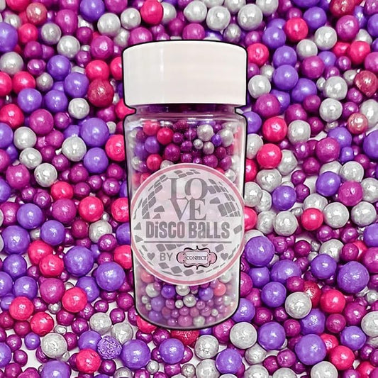 Confect Love Disco Balls Decorative Sprinkles – Pink, Purple & Silver Candy Pearls for Cake Decorating, Cupcakes, Cookies & Desserts – Edible Sprinkle Mix | Vegan, Gluten-Free, Nut-Free, Soy-Free, Dairy-Free, Palm Oil-Free- 4.2 Oz