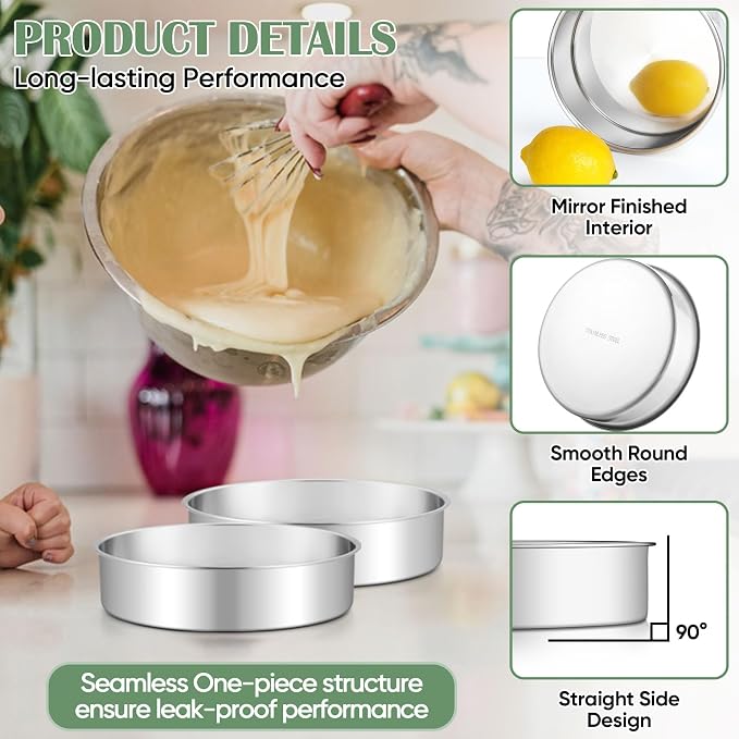 TeamFar 7 Inch Cake Pan Set of 3, Stainless Steel Round Layer Cake Baking Pans Tins for Birthday Wedding, Non-Toxic & Heavy-Duty, Mirror Finish & Leak Proof, Oven & Dishwasher Safe
