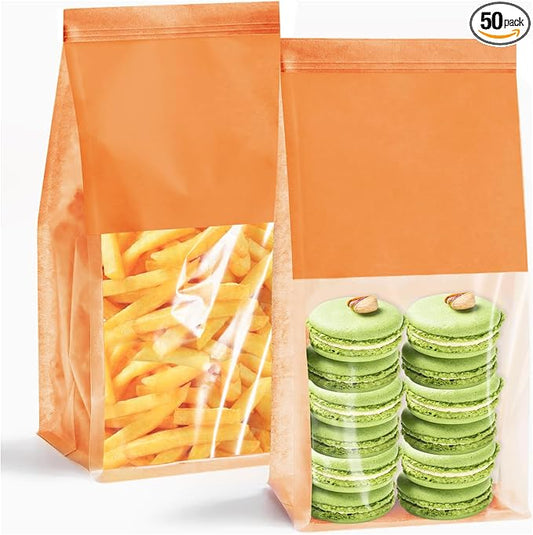 50 Pack Bakery Bags with Window - Reusable Kraft Paper Bread Bags with Tin Tie Tab Lock, Can Stand Upright, Orange