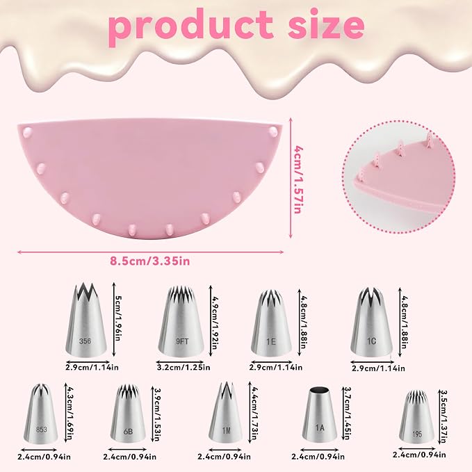Cake Decorating Kit - 2 Pcs Pink Cake Arch Guide Tool and 9 Pcs Large Piping Tips Set, Cake Ruffle Marker, Stainless Steel Cake Decorating Tips, Suitable for 6"-10" Cakes