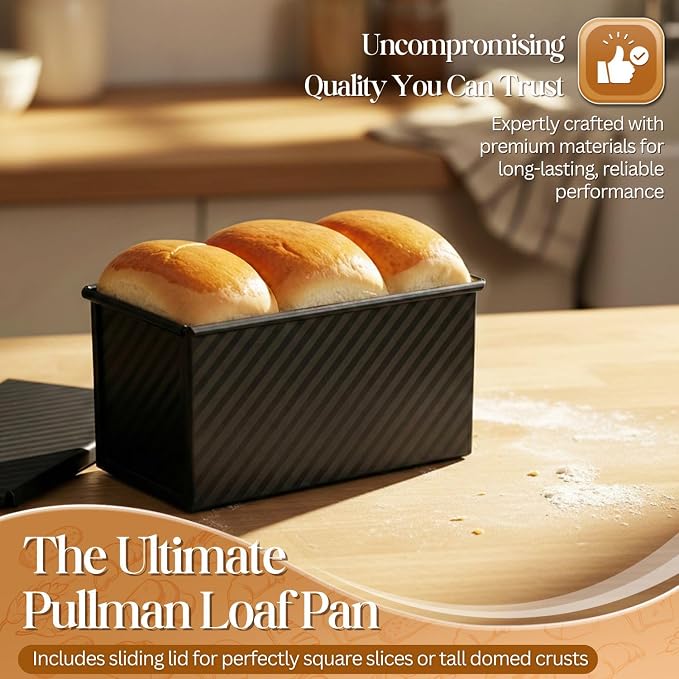 Flexzion 2 Pack Pullman Loaf Pan with Lid - 1 lb Dough Capacity Sandwich Bread Loaf Pan with Lid Cover - Non-Stick Carbon Steel Corrugated Toast Box Mold for Baking Homemade Sandwich, Sourdough, Black