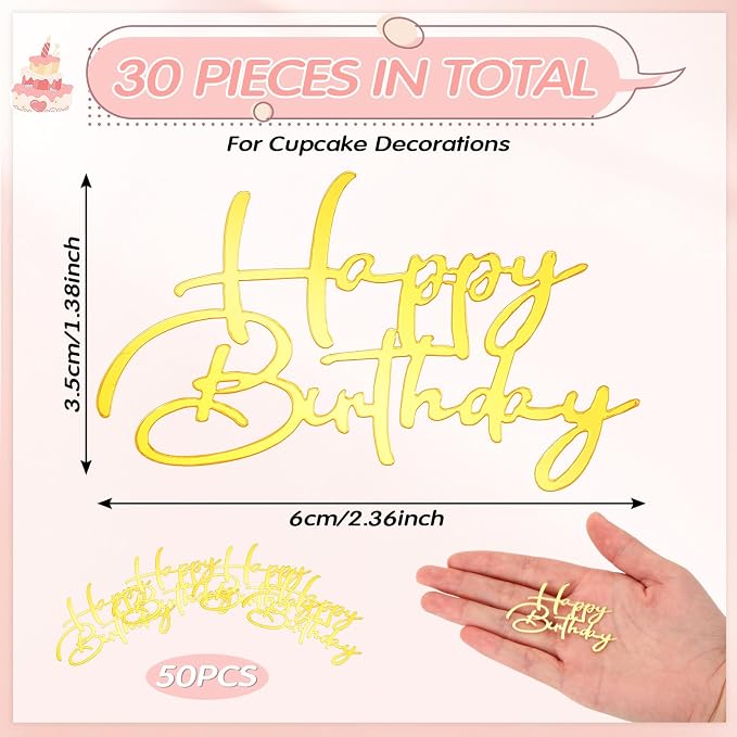 Weysat 30 Pcs Gold Mirror Acrylic Cupcake Toppers Happy Birthday Cake Decorations for Birthday Party Cupcake Toppers
