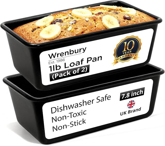 Wrenbury Pro 1lb Bread Loaf Pan 8x4 Set 2 - Loaf Tins for Baking Non Stick | Toughened Heavy Gauge - Twin Pack - Banana Bread Loaf Pan - Air Fryer Safe