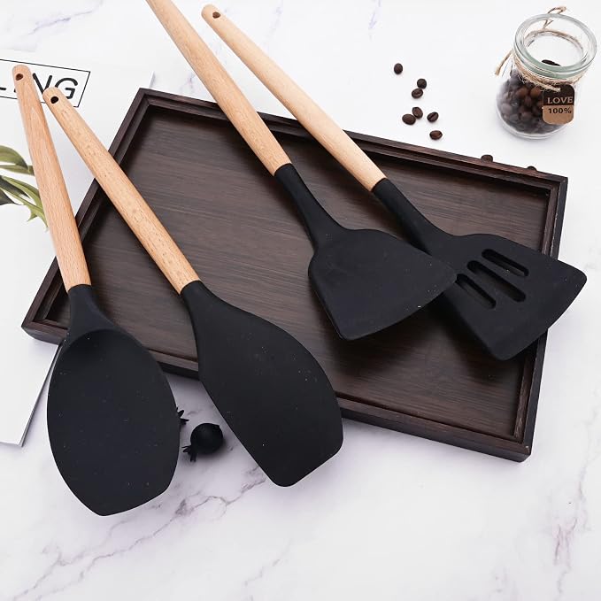 1pcs Black Silicone Spatula Set, Heat Resistant Baking Spoon, Nonstick Rubber Scraper Spatula Spoon Set with Wooden Handle for Baking Cooking Mixing