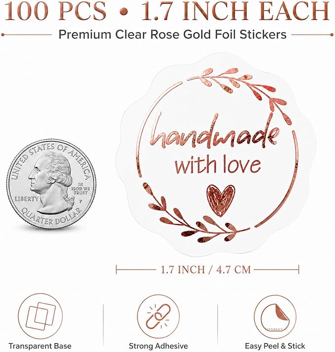 Handmade with Love Gold Foil Stickers, Pack of 100 Embossed Matte Gold Seals for Bakery Packaging, Treat Bags, Pastry Boxes, Small Business Thank You Labels for Gift Wrapping, 1.7 Inch (Rose)