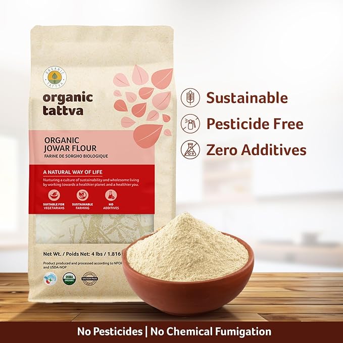 Organic Tattva Jowar Flour (4 lbs) - Organic Sorghum Flour from Sorghum Whole Grain - Gluten Free, Vegan & Kosher - Natural Plant Based Protein & Fiber - Chemical & Additives Free - USDA Certified