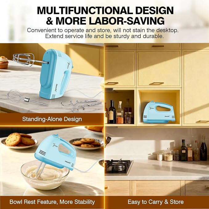Electric Handheld Mixer, 7-Speed Adjustable Kitchen Mixer, 5 Stainless Steel Accessories (2 * Dough Hooks, 2 * Beaters, 1 * Whisk), Perfect for Kitchen and Baking Food Mixers, Blue