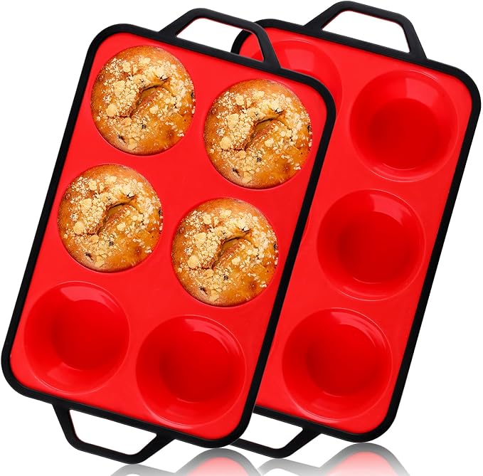 Vinino Jumbo Muffin Pan with Metal Reinforced Frame-2Pack, Silicone Cupcake Pan for Baking 6 Cup Jumbo Size, BPA Free Silicone Muffin Tray, Cupcake Baking Pan Molds for Oven Dishwasher Safe-Red
