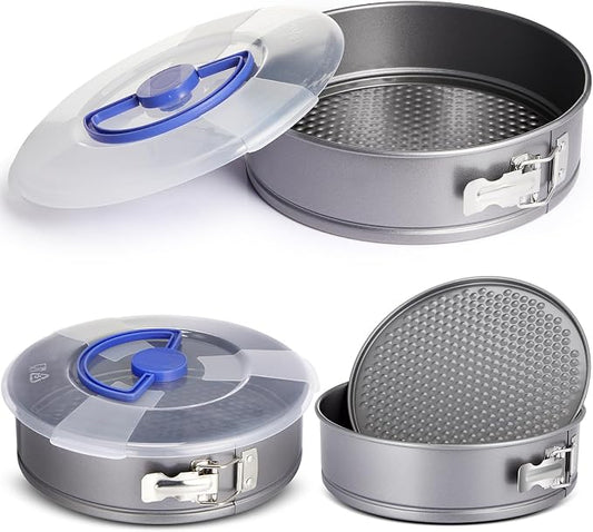 Teenyyou 2 Pcs 9 in Springform Cheesecake Pan with Lid and Removed Bottom Gray Non Stick Round Cake Pan Travel Friendly Carbon Steel Bakeware for Pie Cake Pizza