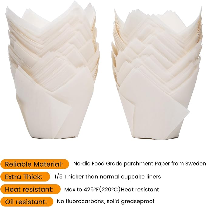 Bake Choice Nordic Paper 100pcs Extra Large Size White Tulip Cupcake Liners for Baking Cups EU Parchment paper Tulip Muffin Liners, Jumbo Cupcake Wrapper for Party, Christmas