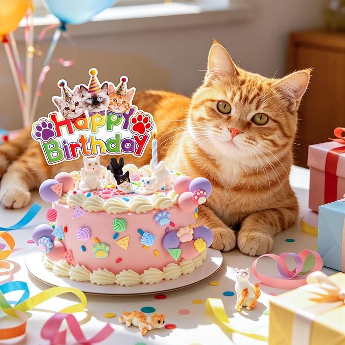 Hooqict 34Pcs Cat Cake Decorations Set with Mini Cats Figurines Cute Paw Balls Cake Toppers & Cupcake Toppers for Kids Pet Cat Themed Birthday Party Decorations Supplies